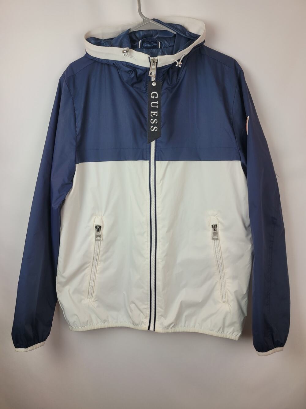 Guess Colorblock Hooded Windbreaker Zipped Pockets White Navy Mens Size Medium